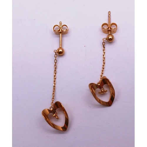 576 - 9ct Rose Gold Vintage 3d Heart Drop Earrings (1.3g)