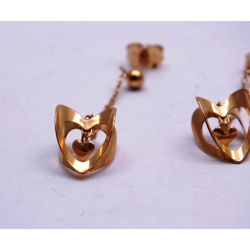 576 - 9ct Rose Gold Vintage 3d Heart Drop Earrings (1.3g)