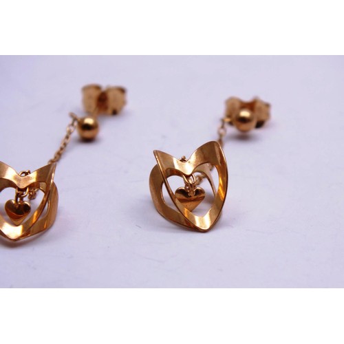 576 - 9ct Rose Gold Vintage 3d Heart Drop Earrings (1.3g)