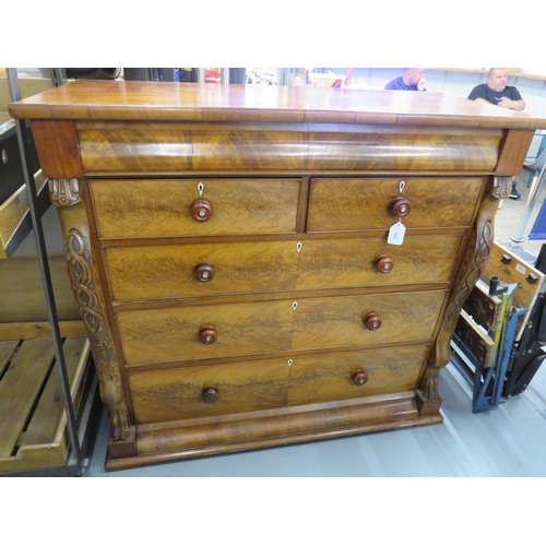 342 - VICTORIAN LIGHT FLAMED MAHOGANY CHEST OF DRAWERS WITH HIDDEN DRAWER AND CARVED DETAILING- HEIGHT 47