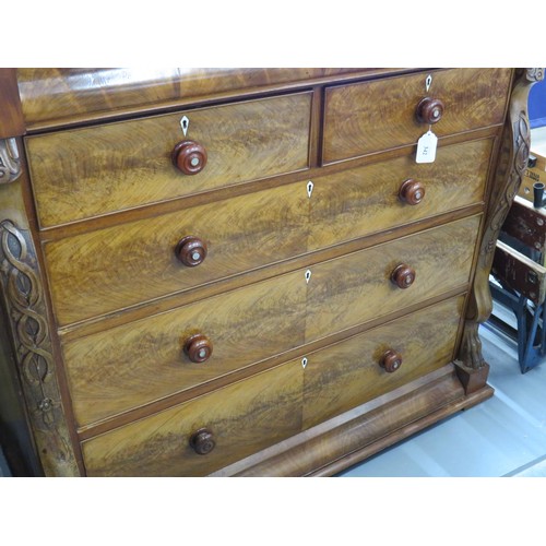 342 - VICTORIAN LIGHT FLAMED MAHOGANY CHEST OF DRAWERS WITH HIDDEN DRAWER AND CARVED DETAILING- HEIGHT 47