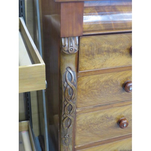 342 - VICTORIAN LIGHT FLAMED MAHOGANY CHEST OF DRAWERS WITH HIDDEN DRAWER AND CARVED DETAILING- HEIGHT 47