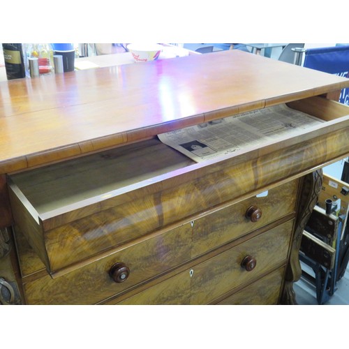 342 - VICTORIAN LIGHT FLAMED MAHOGANY CHEST OF DRAWERS WITH HIDDEN DRAWER AND CARVED DETAILING- HEIGHT 47