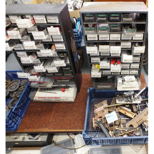 37 - JOBLOT OF MODEL TRAIN BUILDING COMPONENTS, TOOLS & ACCESSORIES WITH 2 MULTI DRAWER CABINETS & WOODEN... 