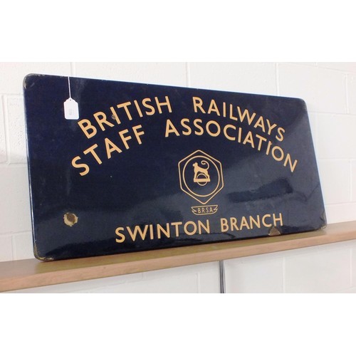 39 - ORIGINAL BRITISH RAILWAYS DARK BLUE ENAMEL SIGN - STAFF ASSOCIATION - SWINTON BRANCH, SIZE 48.5