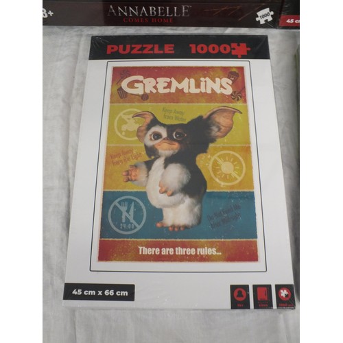 20 - 4 x TOP PUZZLES JIGSAWS TO INCLUDE GREMLINS, BEETLEJUICE, JAWS AND ANNABELLE - BOXED AS NEW