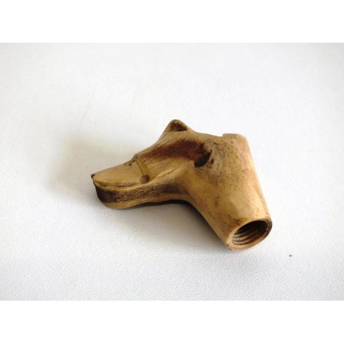 55 - OLD HORN CARVED DOG WHISTLE/WALKING CANE HANDLE