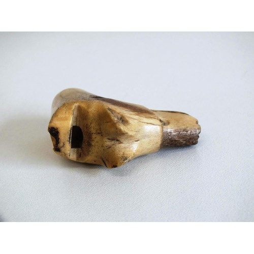 55 - OLD HORN CARVED DOG WHISTLE/WALKING CANE HANDLE