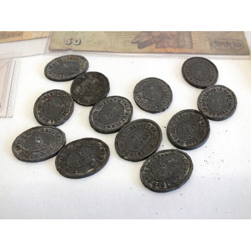 71 - 12 x OLD VICTORIAN LEAD CHURCH TOKENS, OTHER COINS AND NOTES