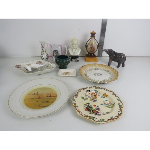 119 - SELECTION OF CERAMIC WARE ITEMS INCLUDES ASKERN COLLIERY MINING PLATE, NAPOLEON BUST, HAND PAINTED M... 