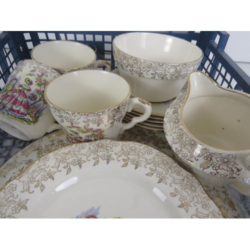 120 - WASHINGTON POTTERY CRINOLINE LADY PATTERN TEA SET COMPRISING OF TRAY, SIDE PLATES, SUPS, SAUCERS, MI... 