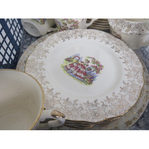 120 - WASHINGTON POTTERY CRINOLINE LADY PATTERN TEA SET COMPRISING OF TRAY, SIDE PLATES, SUPS, SAUCERS, MI... 