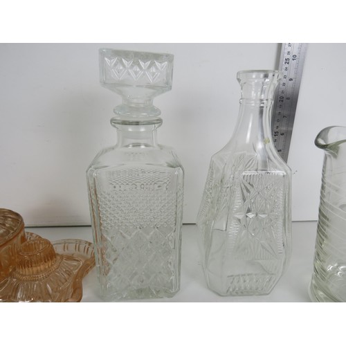 123 - TWO TRAYS OF GLASSWARE INCLUDES TWO CUT GLASS DECANTERS, PINK GLASS DRESSER SET, TWO ETCHED AMETHYST... 