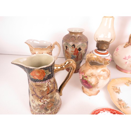 124 - TWO TRAYS OF CERAMICS INCLUDES SATSUMA WARE VASE AND JUG, SMALL OIL LAMP ETC.