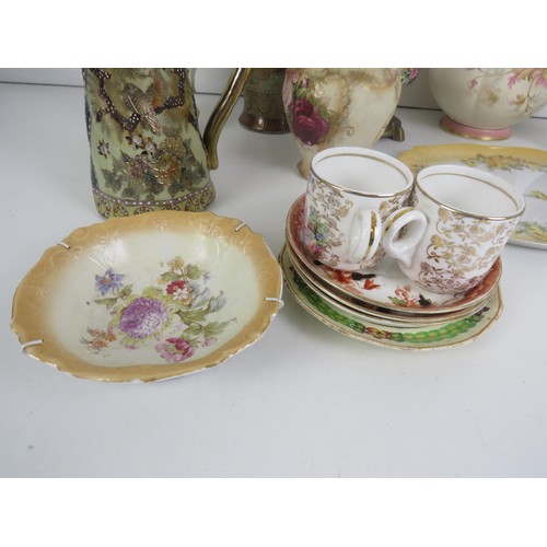 124 - TWO TRAYS OF CERAMICS INCLUDES SATSUMA WARE VASE AND JUG, SMALL OIL LAMP ETC.