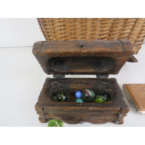 130 - DOLLS WICKER ROCKING CRIB, WOODEN CHEST TRINKET BOX, GERMANY SOUVENIR CIGARETTE CASE, DIECAST ETC