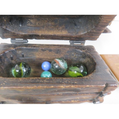 130 - DOLLS WICKER ROCKING CRIB, WOODEN CHEST TRINKET BOX, GERMANY SOUVENIR CIGARETTE CASE, DIECAST ETC