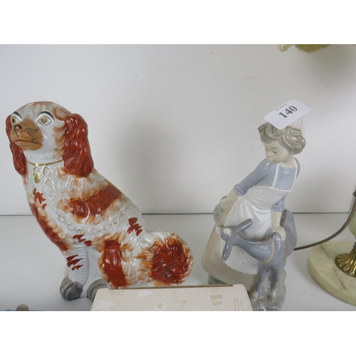 140 - 5 x MINIATURE COTTAGES, NAO FIGURE OF WOMAN AND GOAT, BABY BEAR HUGS, PHOTO FRAME, PORCELAIN SPANEIL... 