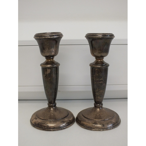 98 - ANTIQUE SILVER CANDLESTICKS WITH BAKELITE BASES, Height 15cms - 500g Weight