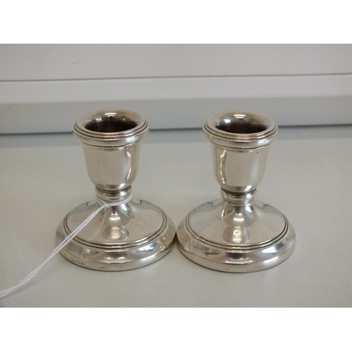 78 - PAIR OF STERLING SILVER FILLED BASE SQUAT CANDLESTICKS, BIRMINGHAM 1996, Weight 93g