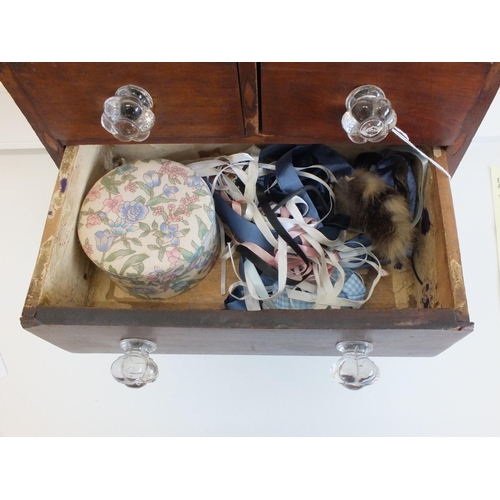 147 - MINIATURE CHEST OF DRAWERS AND CONTENTS INCLUDES PILL BOXES SEWING ITEMS ETC - SIZE 34 x 31.5 x 19CM