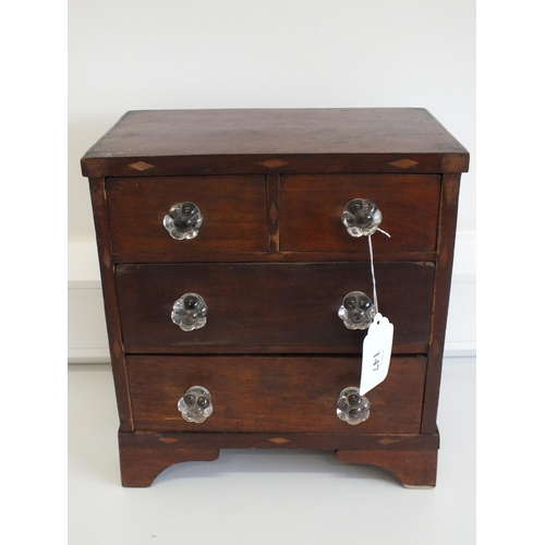 147 - MINIATURE CHEST OF DRAWERS AND CONTENTS INCLUDES PILL BOXES SEWING ITEMS ETC - SIZE 34 x 31.5 x 19CM