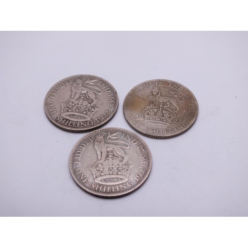 181 - 3 x GEORGE V SILVER ONE SHILLING COINS DATING 1921, 1927 AND 1928