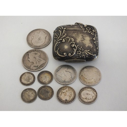 257 - SILVER COINS INCLUDING FLORINS & SIXPENCES 43g and A SILVER PLATED VESTA