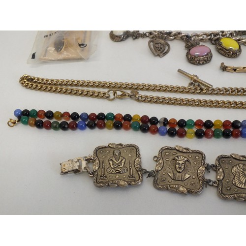 264 - TRINKET BOX OF JEWELLERY & COLECTABLES INCLUDES DAMASCENE CUFFLINKS, GEMSTONE BEAD NECKLACE'S, SNAP ... 