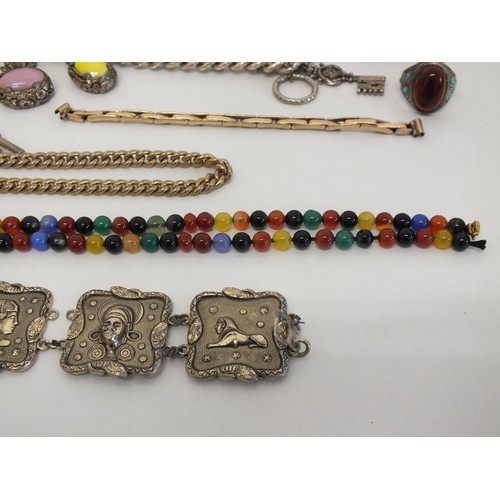 264 - TRINKET BOX OF JEWELLERY & COLECTABLES INCLUDES DAMASCENE CUFFLINKS, GEMSTONE BEAD NECKLACE'S, SNAP ... 