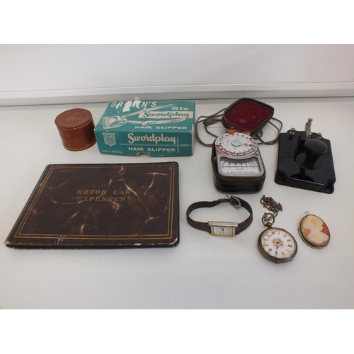 221 - MIXED BAG OF COLLECTABLES INCLUDING SILVER POCKET WATCH, CAMEO BROOCH etc