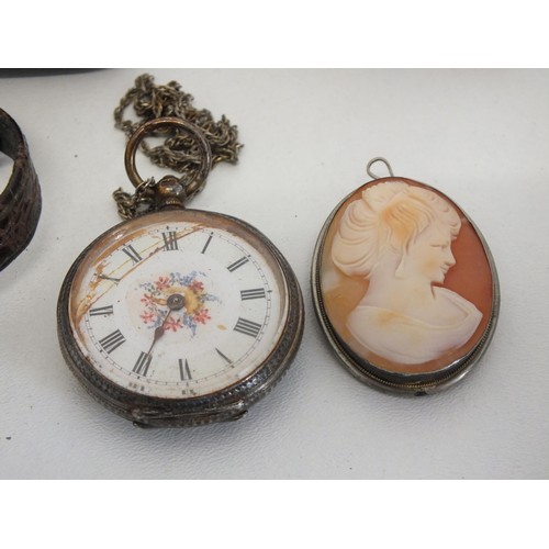 221 - MIXED BAG OF COLLECTABLES INCLUDING SILVER POCKET WATCH, CAMEO BROOCH etc