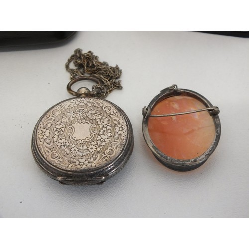 221 - MIXED BAG OF COLLECTABLES INCLUDING SILVER POCKET WATCH, CAMEO BROOCH etc