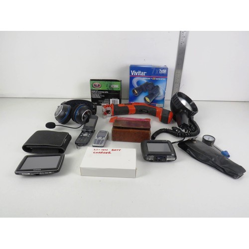 230 - GOOD BOX LOT INCLUDES BINOCULARS, HEADPHONES, TORCHES, SAT NAVS ETC