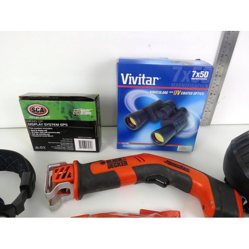 230 - GOOD BOX LOT INCLUDES BINOCULARS, HEADPHONES, TORCHES, SAT NAVS ETC
