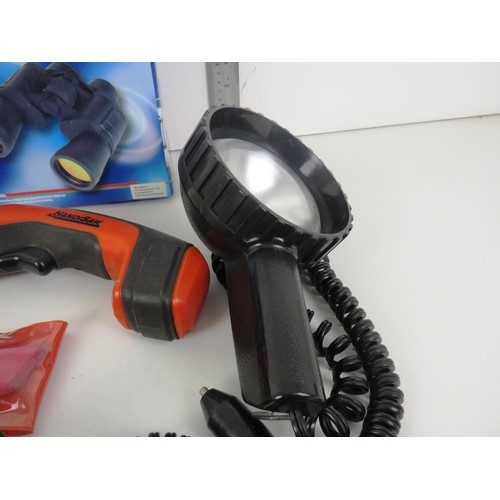 230 - GOOD BOX LOT INCLUDES BINOCULARS, HEADPHONES, TORCHES, SAT NAVS ETC