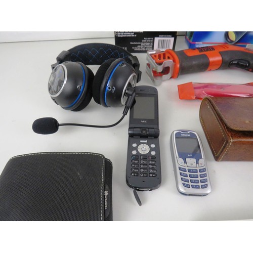 230 - GOOD BOX LOT INCLUDES BINOCULARS, HEADPHONES, TORCHES, SAT NAVS ETC