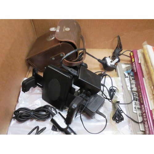 230 - GOOD BOX LOT INCLUDES BINOCULARS, HEADPHONES, TORCHES, SAT NAVS ETC