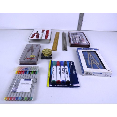 232 - TRAY LOT INCLUDES DRAWING SETS, MASTERGRIP TOOL TIN, PEN SETS, RULERS AND BRASS CALENDAR