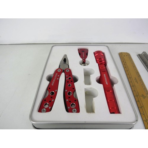 232 - TRAY LOT INCLUDES DRAWING SETS, MASTERGRIP TOOL TIN, PEN SETS, RULERS AND BRASS CALENDAR