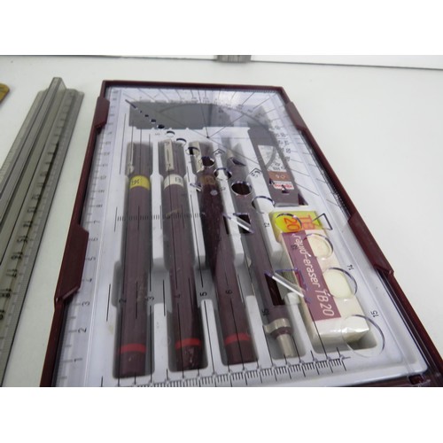 232 - TRAY LOT INCLUDES DRAWING SETS, MASTERGRIP TOOL TIN, PEN SETS, RULERS AND BRASS CALENDAR
