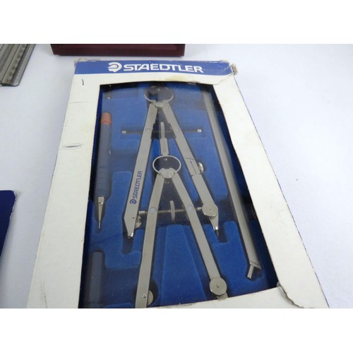 232 - TRAY LOT INCLUDES DRAWING SETS, MASTERGRIP TOOL TIN, PEN SETS, RULERS AND BRASS CALENDAR