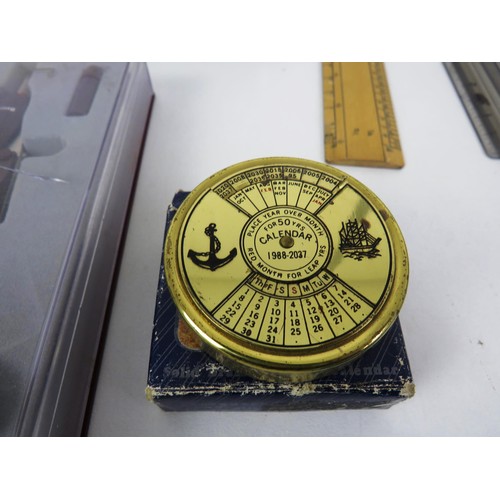232 - TRAY LOT INCLUDES DRAWING SETS, MASTERGRIP TOOL TIN, PEN SETS, RULERS AND BRASS CALENDAR