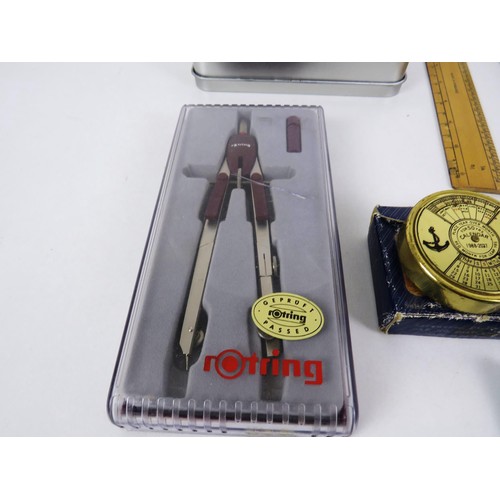 232 - TRAY LOT INCLUDES DRAWING SETS, MASTERGRIP TOOL TIN, PEN SETS, RULERS AND BRASS CALENDAR