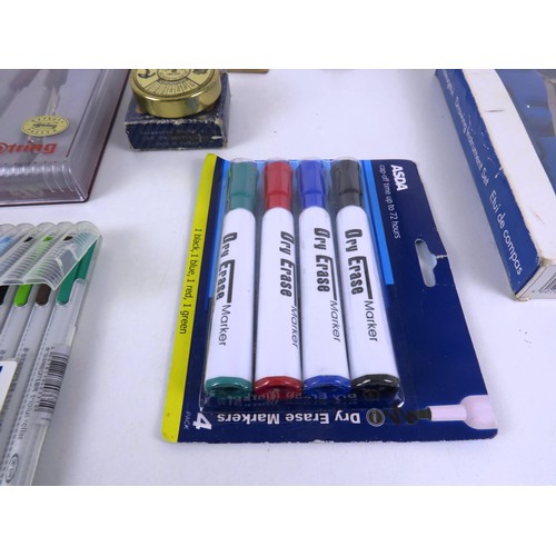 232 - TRAY LOT INCLUDES DRAWING SETS, MASTERGRIP TOOL TIN, PEN SETS, RULERS AND BRASS CALENDAR
