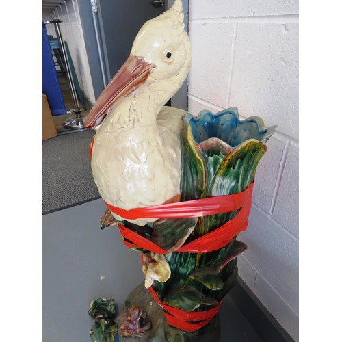 70 - EARLY MAJOLICA STORK UMBRELLA/STICK STAND - RESTORATION PROJECT