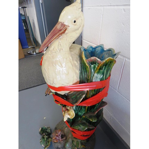 70 - EARLY MAJOLICA STORK UMBRELLA/STICK STAND - RESTORATION PROJECT