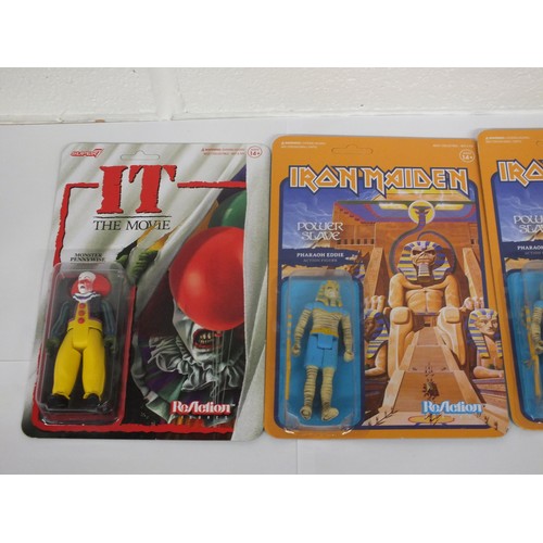 38 - 4 x Super 7 Reaction Figures - 2 x Iron Maiden, It Pennywise & Chucky - In Packets as New