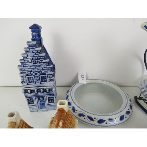 137 - DELFT BLUE LITHE DUTCH GIRL, PIG SALT POT, DISH, WINDMILLS- 4 BESWICK CABBAGE DISHES