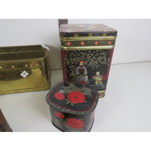 138 - 5 x ORIENTAL TINS- HORSE BRASSES, PLATE BRASS PLANTER etc